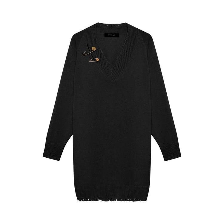 Versace Safety Pin Zipper Detail Cap Sleeve Dress Black
