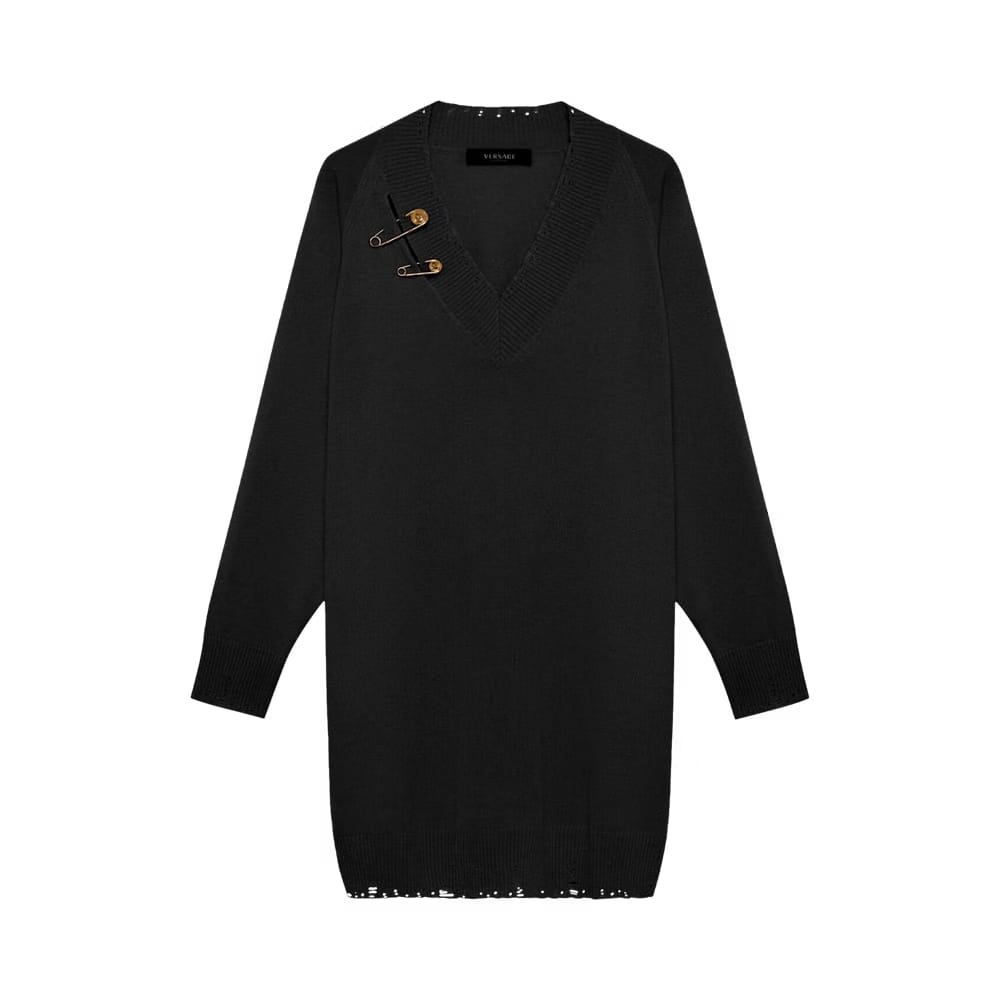 Versace Safety Pin Zipper Detail Cap Sleeve Dress Black