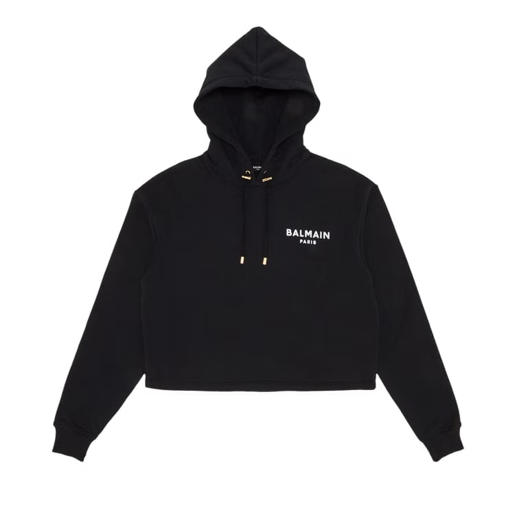 Balmain Flock Detail Cropped Hoodie Black/White