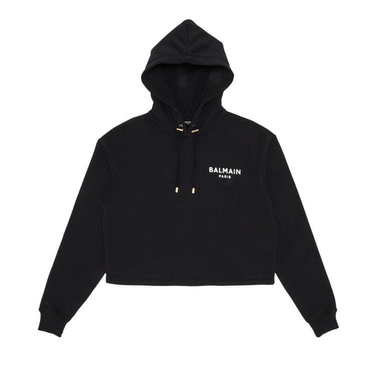 Balmain Flock Detail Cropped Hoodie Black/White
