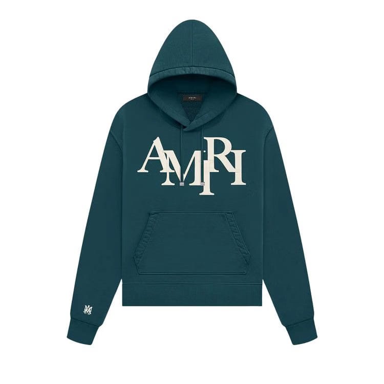 Amiri Staggered Logo Hoodie Rain Forest