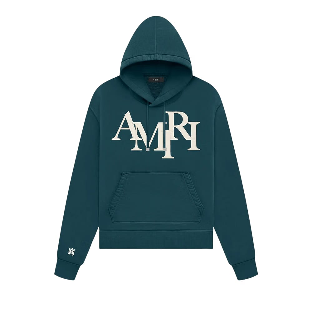 Amiri Staggered Logo Hoodie Rain Forest
