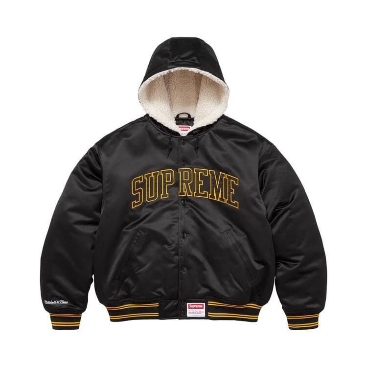 Supreme x Mitchell & Ness Lined Hooded Satin Varsity Jacket Black