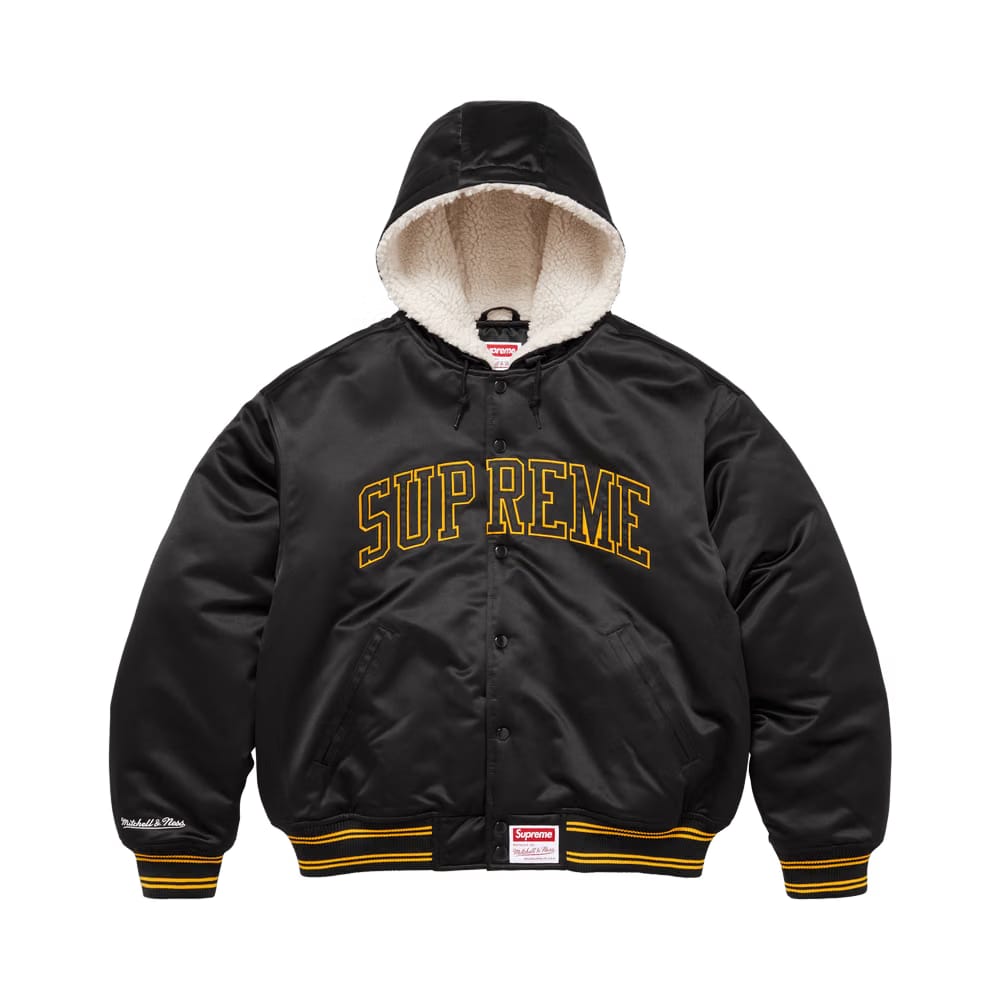 Supreme x Mitchell & Ness Lined Hooded Satin Varsity Jacket Black