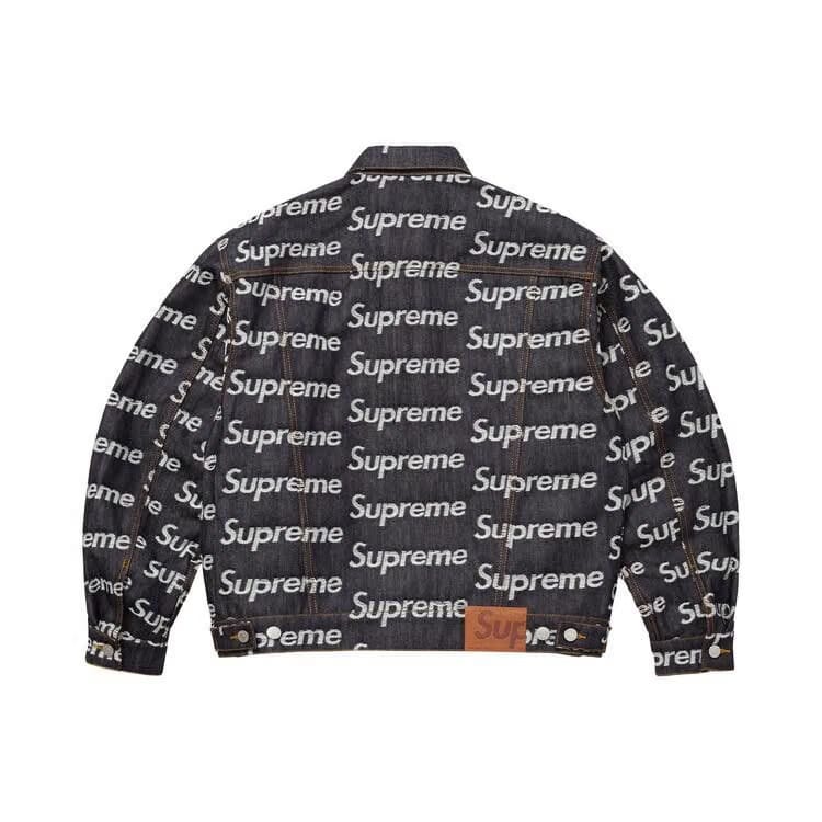 Supreme Jacquard Logos Denim Trucker Jacket Rigid Indigo