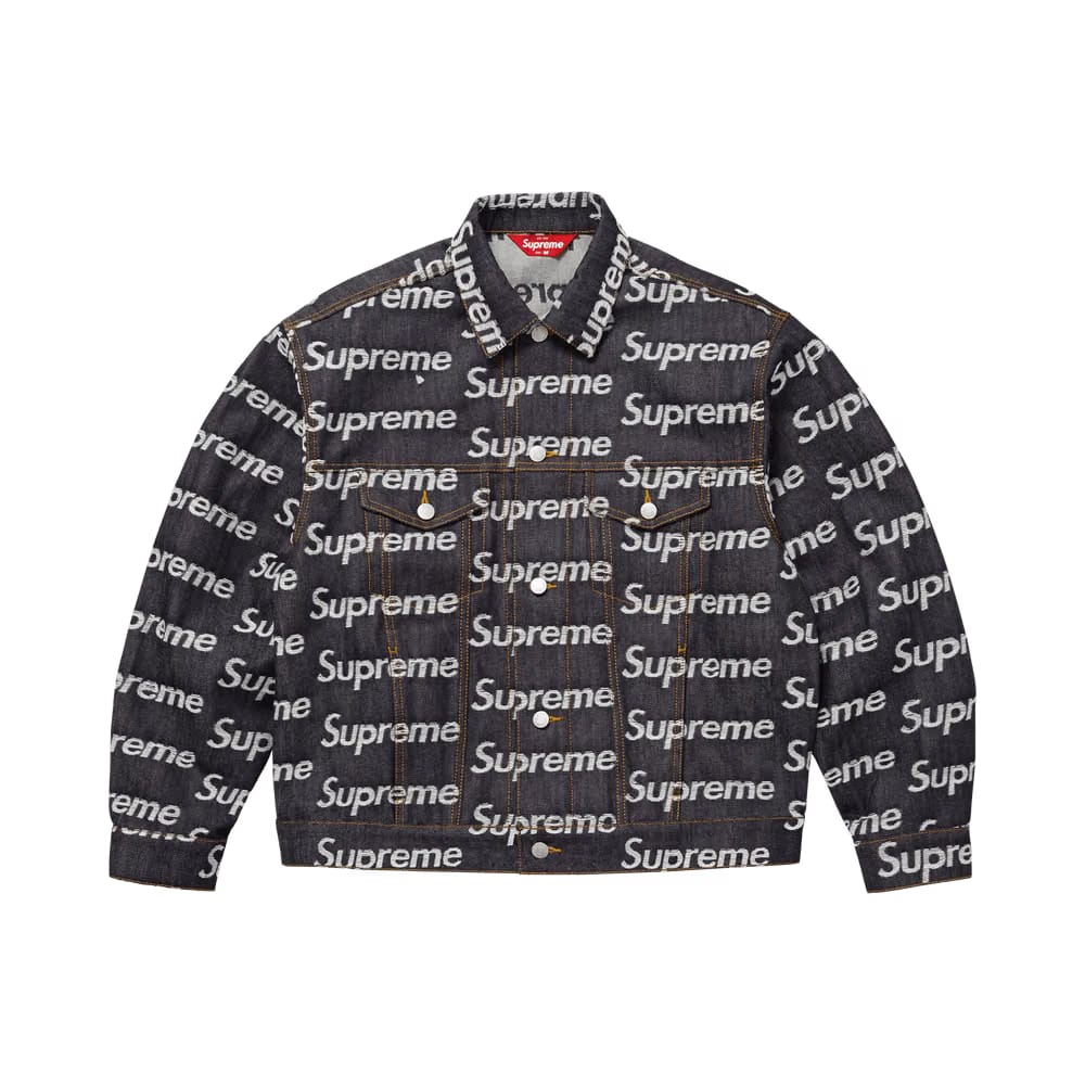 Supreme Jacquard Logos Denim Trucker Jacket Rigid Indigo