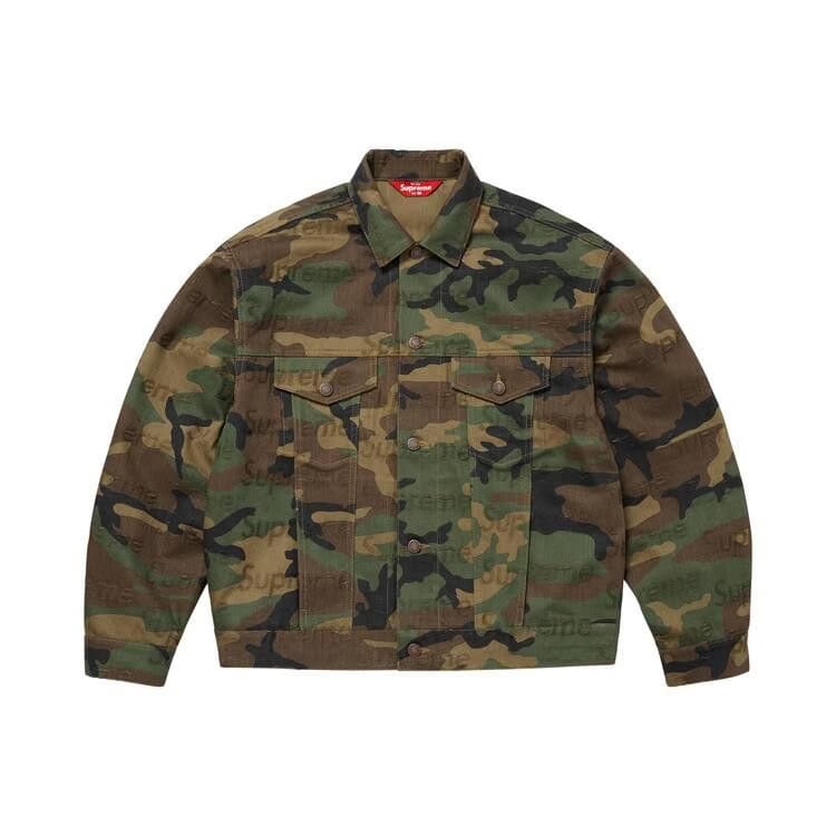 Supreme Jacquard Logos Denim Trucker Jacket Woodland Camo