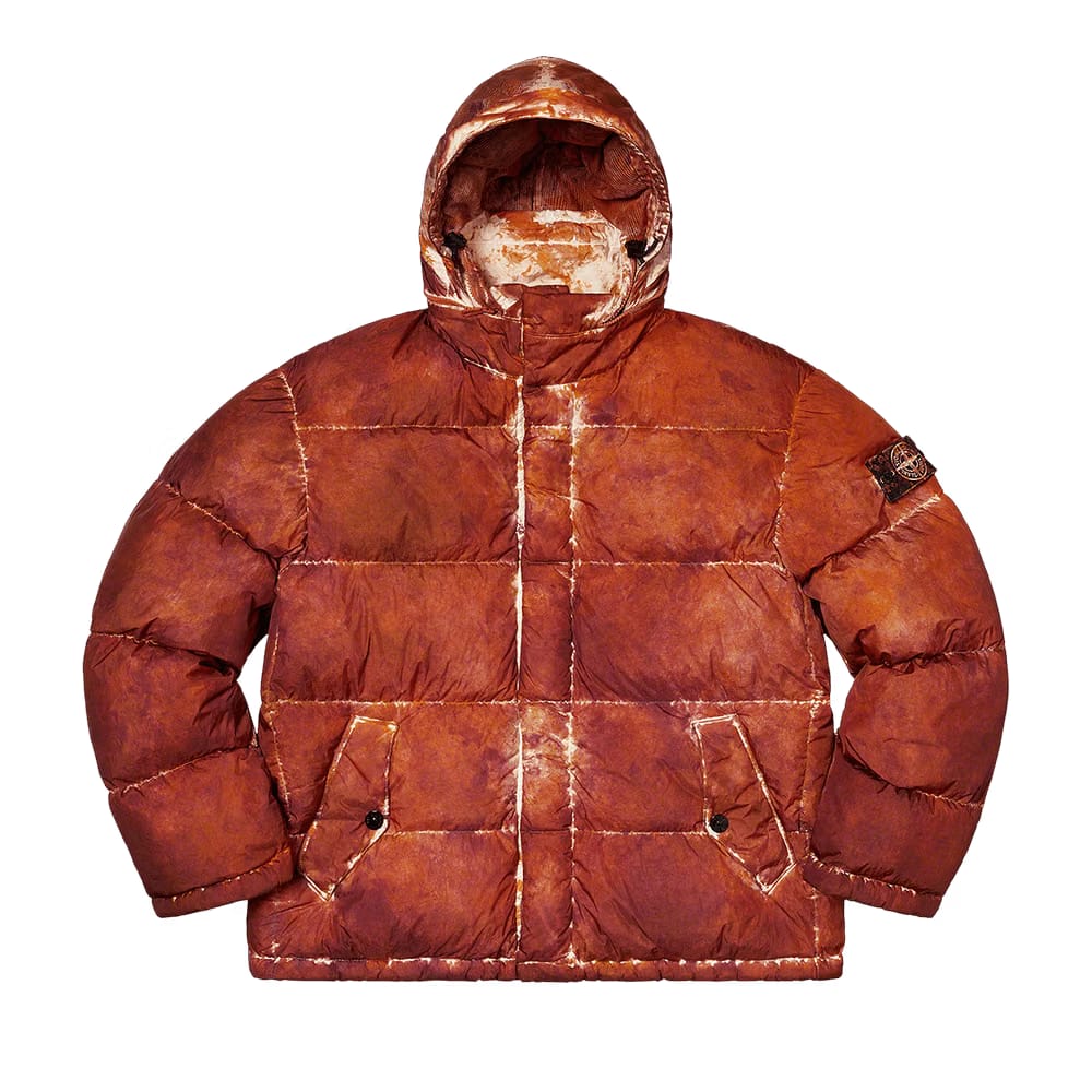 Supreme x Stone Island Painted Camo Crinkle Down Jacket Coral