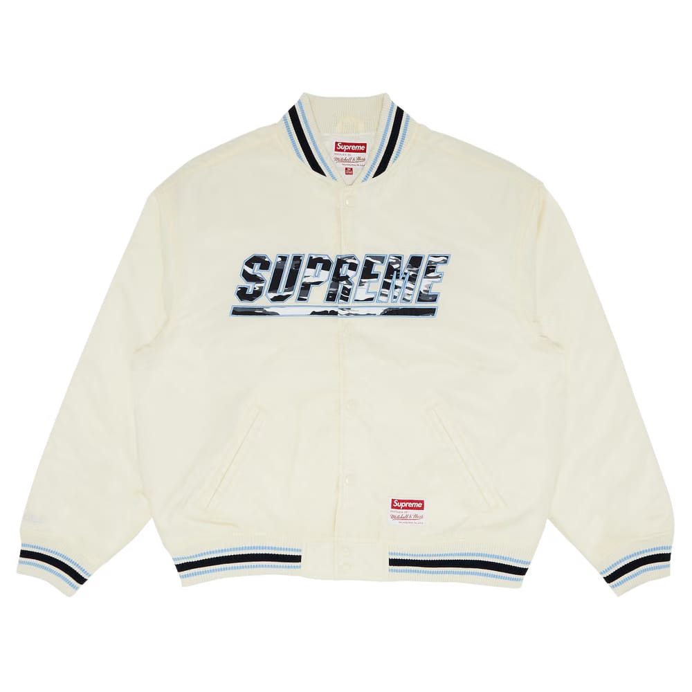 Supreme x Mitchell & Ness Camo Logo Varsity Jacket White