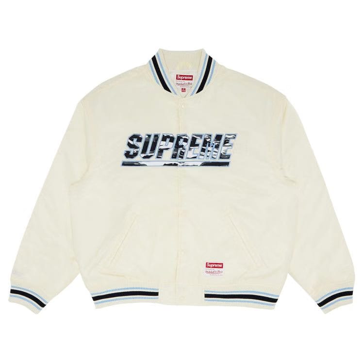 Supreme x Mitchell & Ness Camo Logo Varsity Jacket White