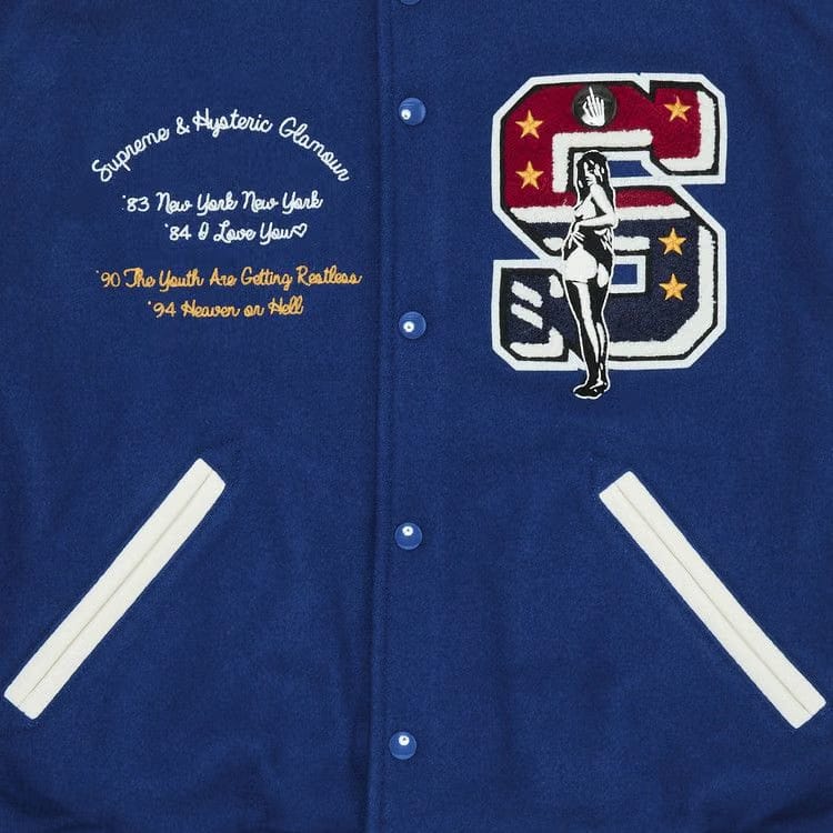 Supreme x HYSTERIC GLAMOUR Varsity Jacket Blue