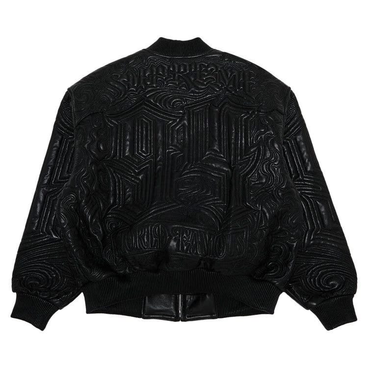Supreme Mister Cartoon Embroidered Leather Jacket Black