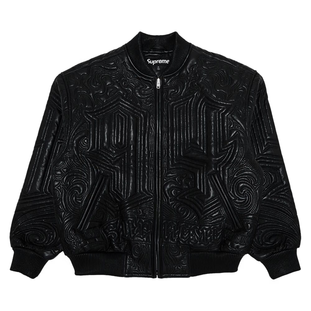 Supreme Mister Cartoon Embroidered Leather Jacket Black