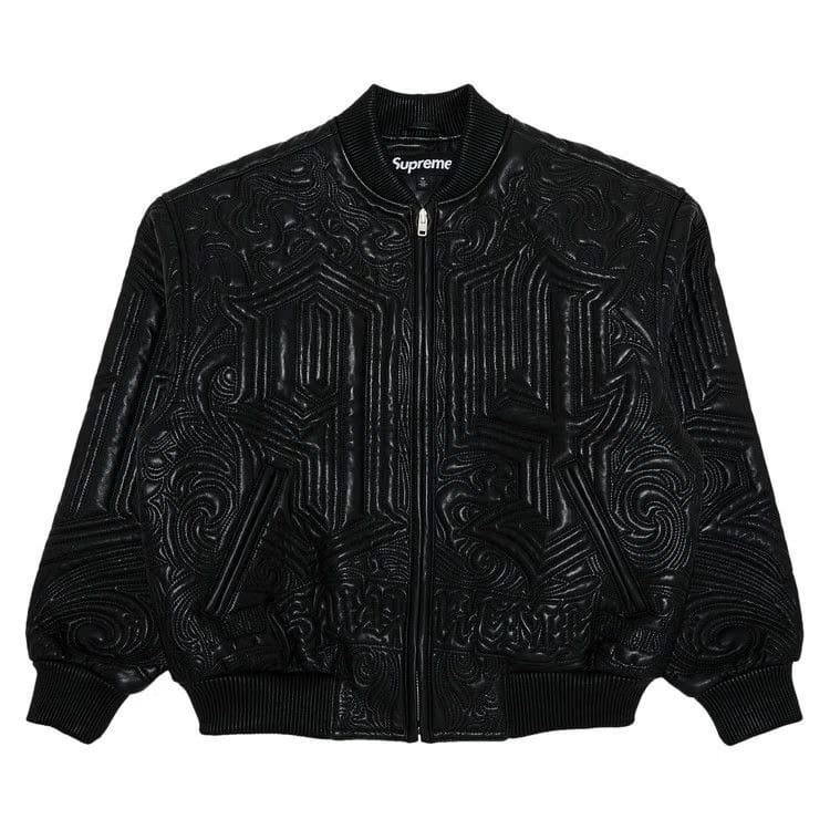Supreme Mister Cartoon Embroidered Leather Jacket Black