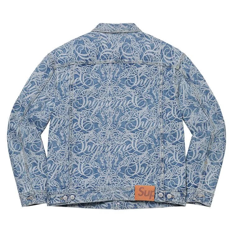 Supreme Script Jacquard Denim Trucker Jacket Washed Blue