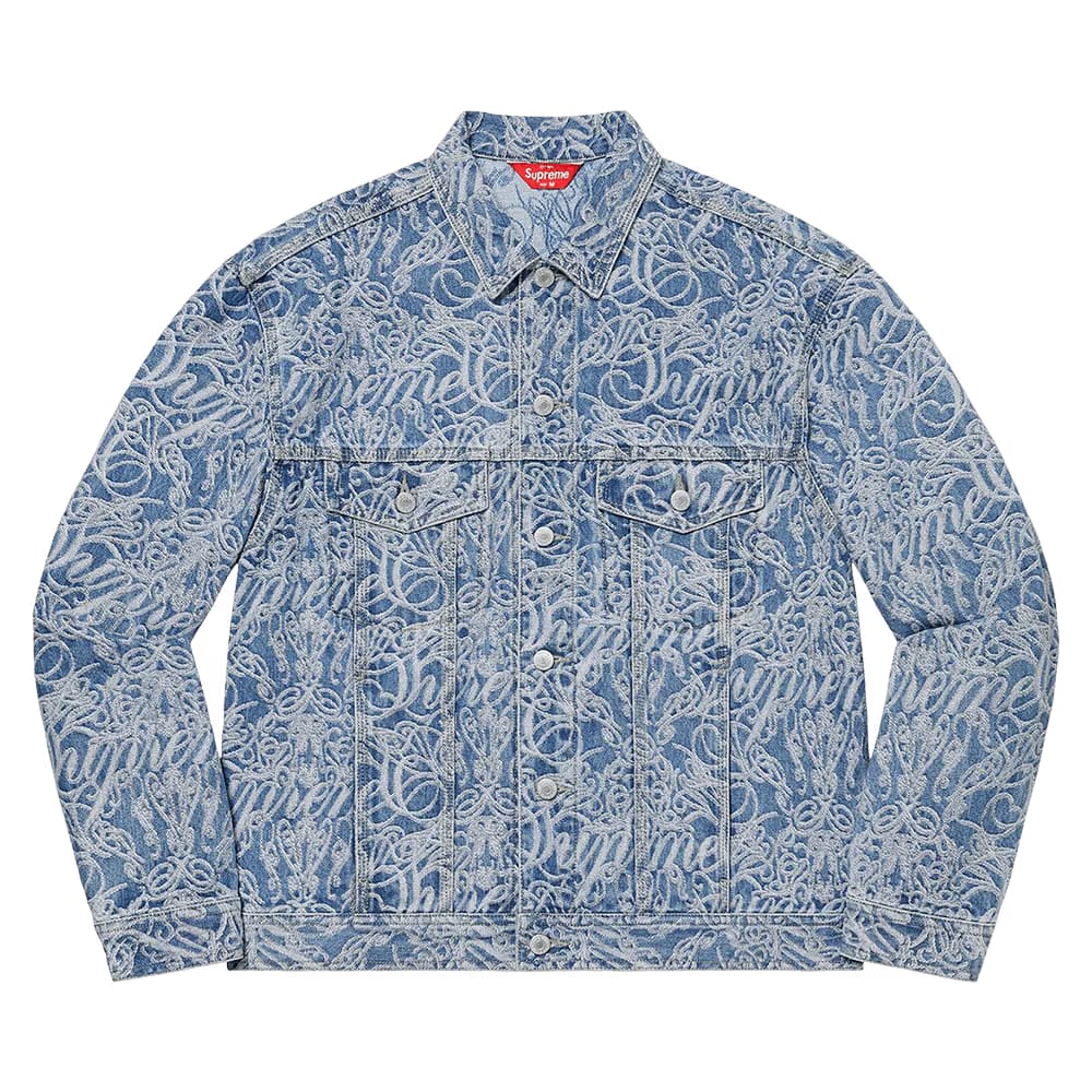 Supreme Script Jacquard Denim Trucker Jacket Washed Blue