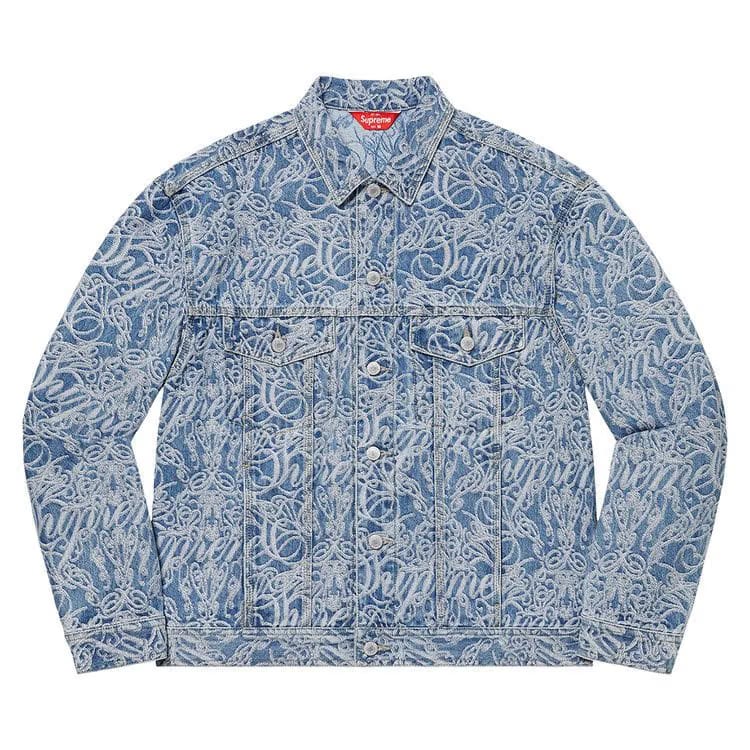 Supreme Script Jacquard Denim Trucker Jacket Washed Blue
