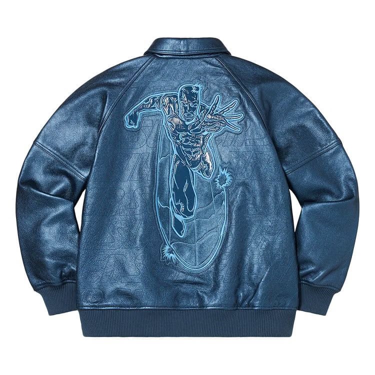Supreme Silver Surfer Leather Varsity Jacket Blue