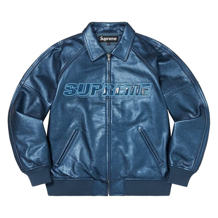 Supreme Silver Surfer Leather Varsity Jacket Blue