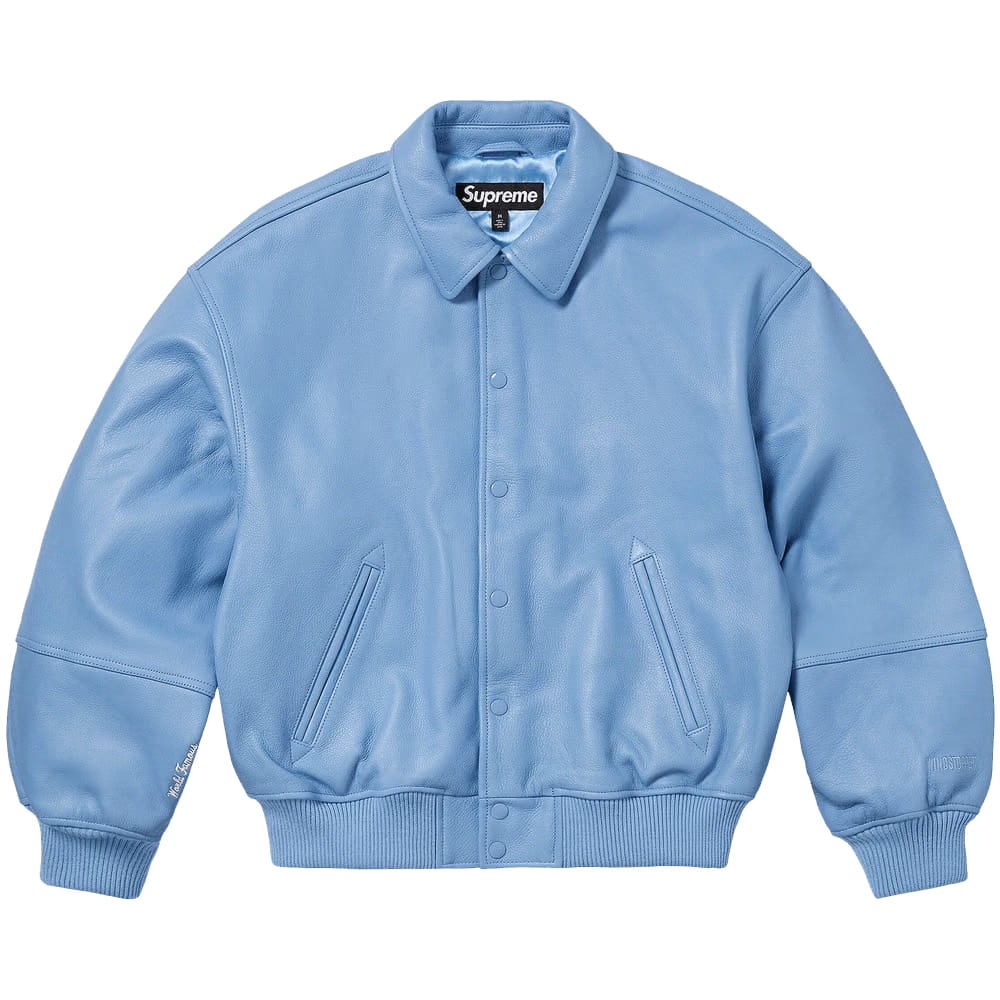 Supreme GORE-TEX Infinium WINDSTOPPER Leather Varsity Jacket Light Blue