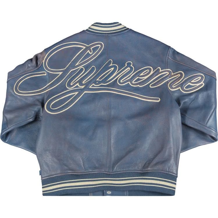 Supreme Painted Leather Varsity Jacket Blue
