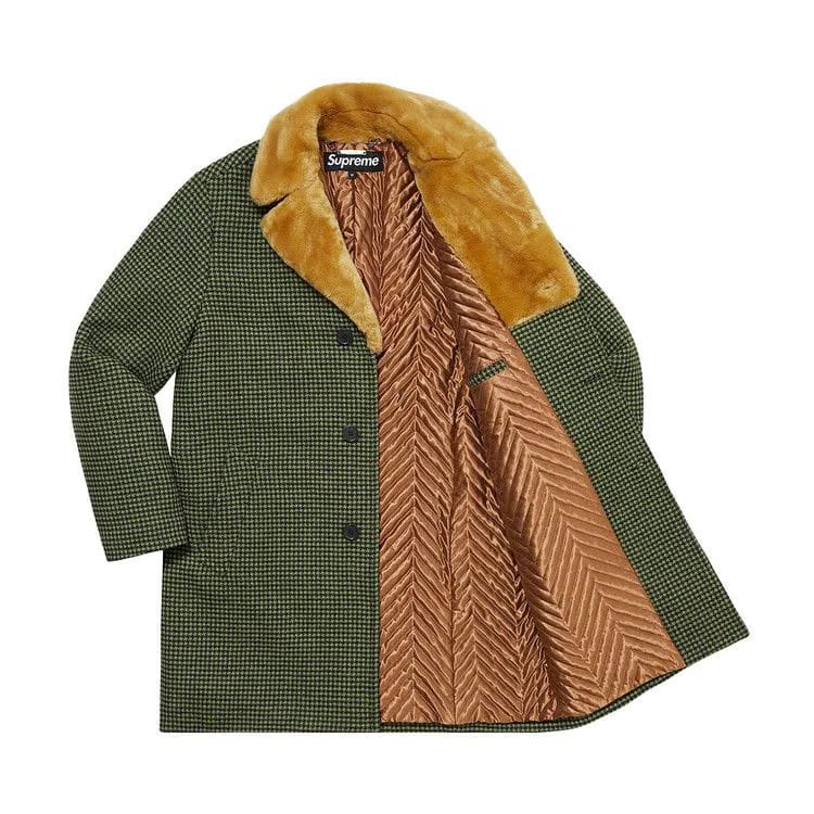 Supreme Fur Collar Car Coat Green Houndstooth