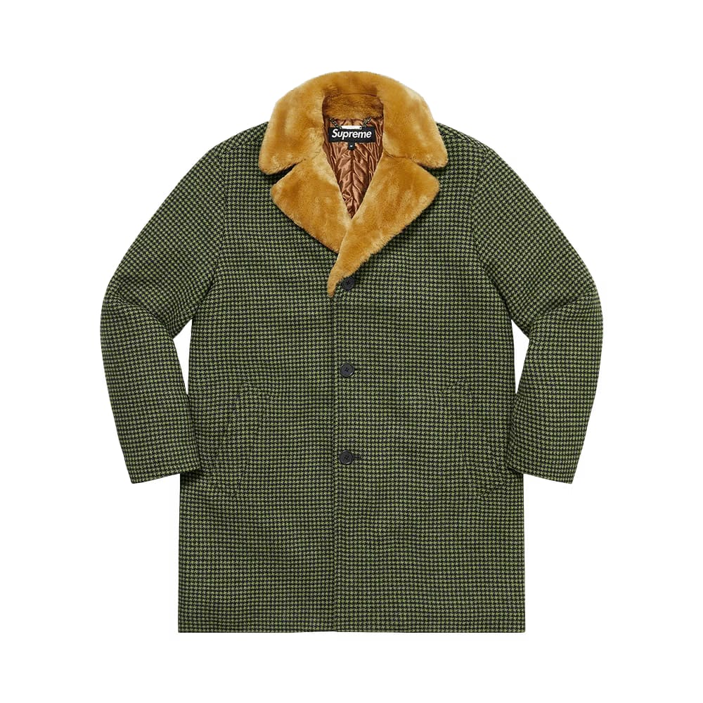 Supreme Fur Collar Car Coat Green Houndstooth