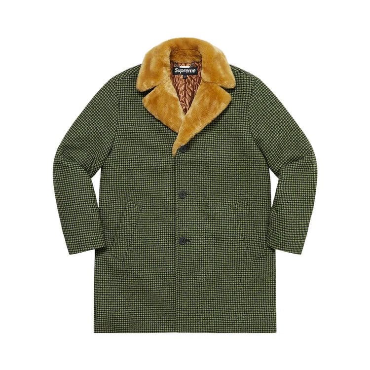 Supreme Fur Collar Car Coat Green Houndstooth