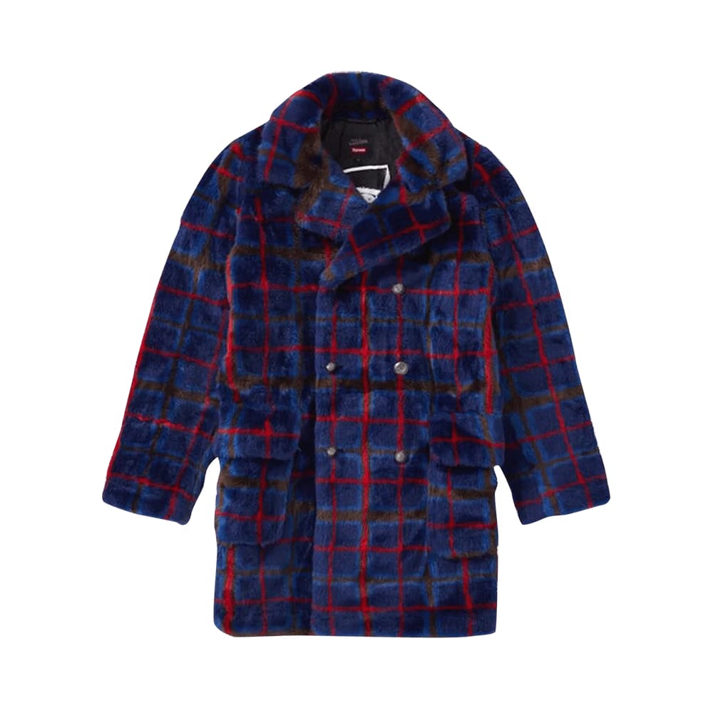 Supreme x Jean Paul Gaultier Double Breasted Plaid Faux Fur Coat Blue