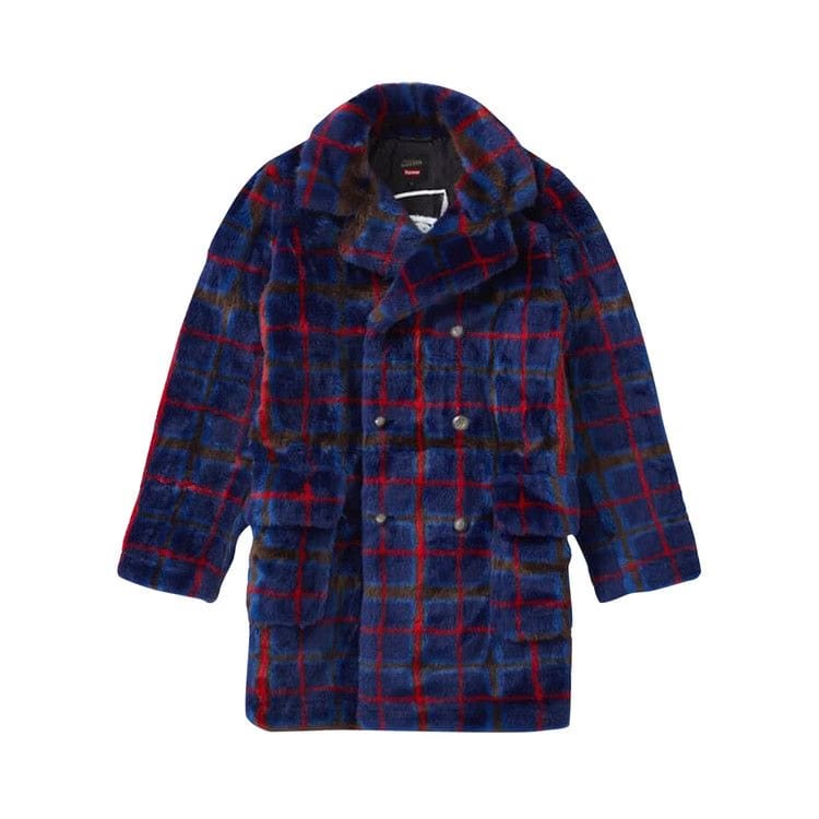 Supreme x Jean Paul Gaultier Double Breasted Plaid Faux Fur Coat Blue