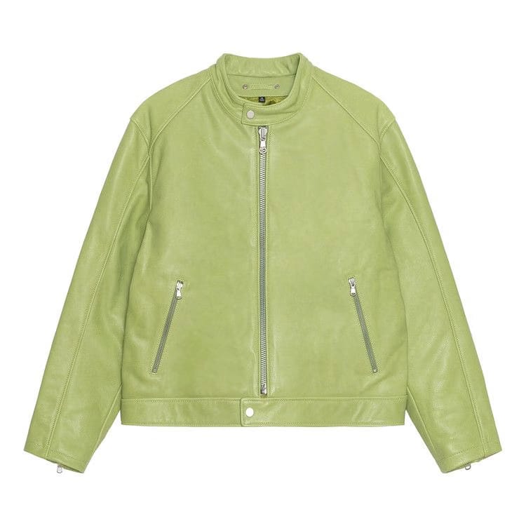 Stussy Cafe Racer Leather Jacket Lime