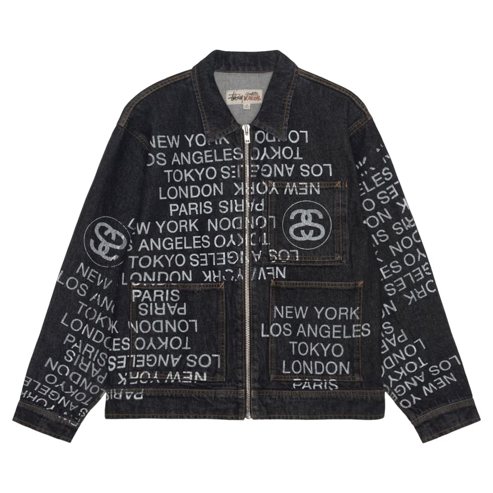 Stussy City Link Denim Zip Work Jacket Washed Black