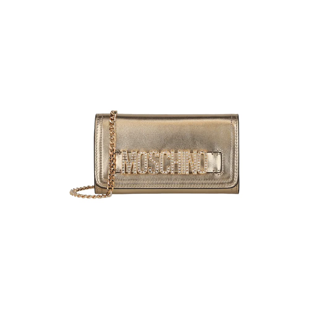 Moschino Crystal Embellished Belt Logo Lettering Crossbody Bag Gold