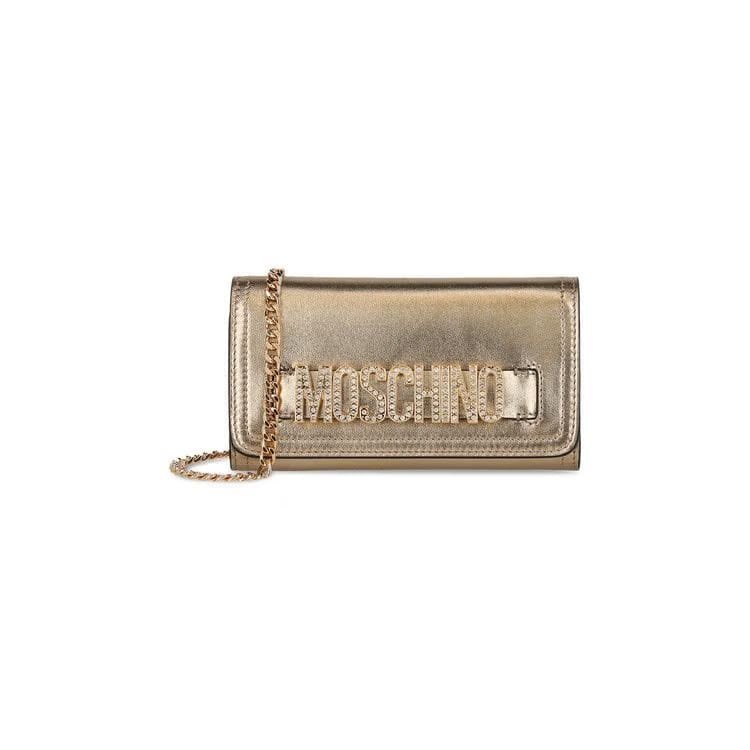 Moschino Crystal Embellished Belt Logo Lettering Crossbody Bag Gold