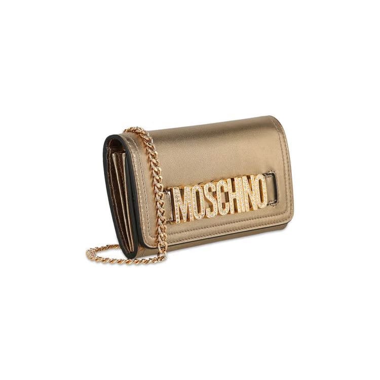 Moschino Crystal Embellished Belt Logo Lettering Crossbody Bag Gold