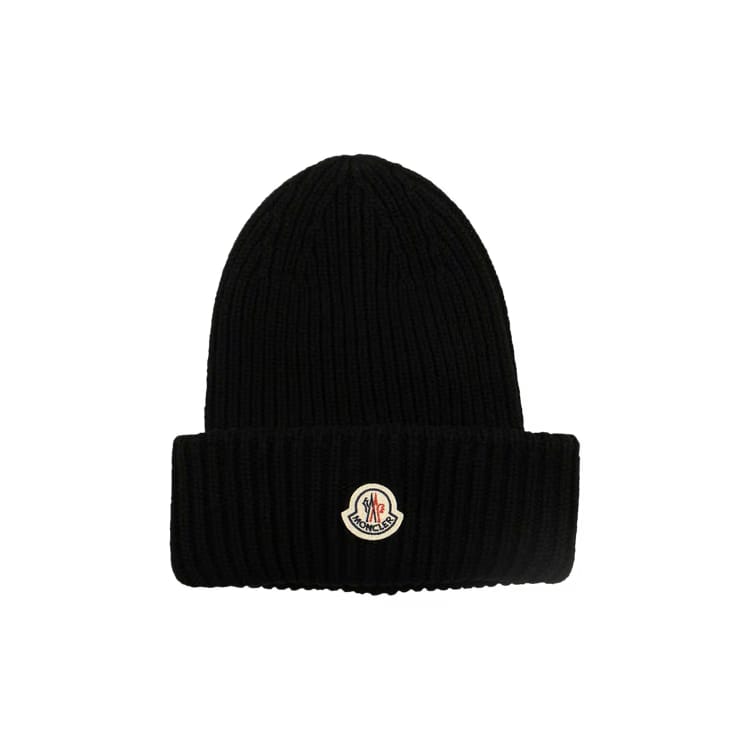 Moncler Wool Logo Patch Beanie Hat Black