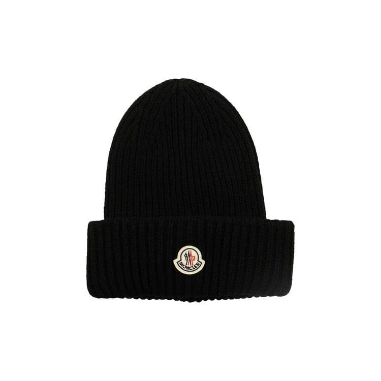 Moncler Wool Logo Patch Beanie Hat Black