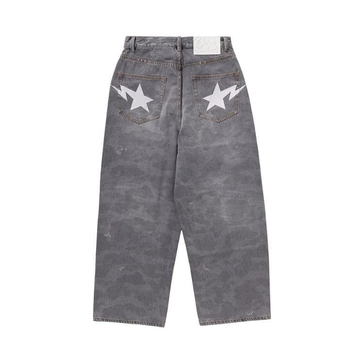 BAPE 1st Camo Destroyed Loose Fit Denim Pants Grey