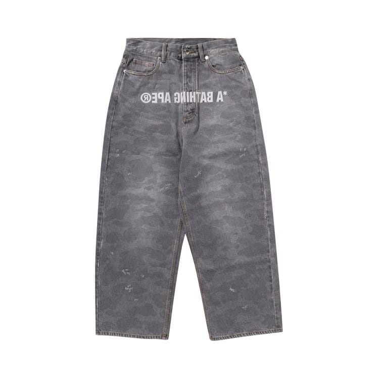 BAPE 1st Camo Destroyed Loose Fit Denim Pants Grey