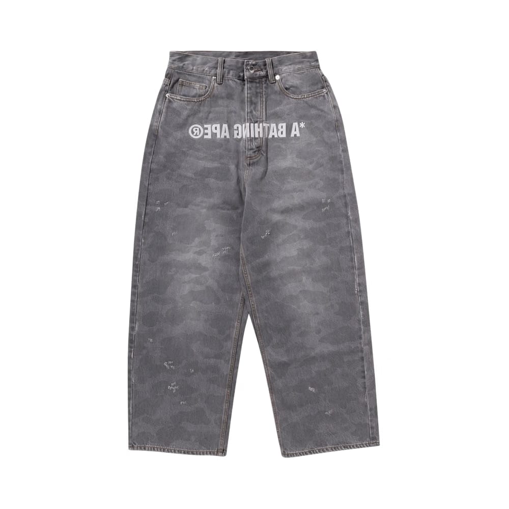 BAPE 1st Camo Destroyed Loose Fit Denim Pants Grey