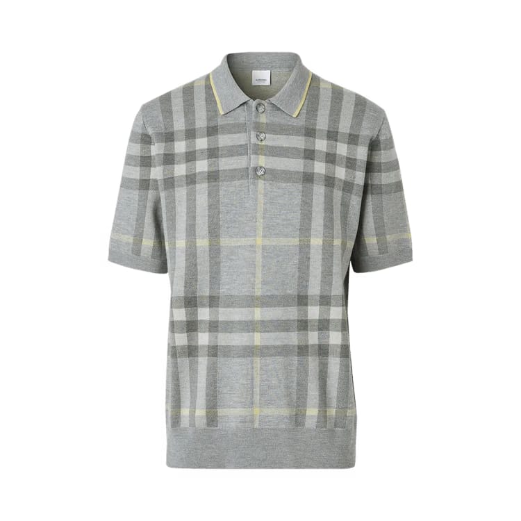 Burberry Check Intarsia Wool Silk Polo Shirt Pale Grey