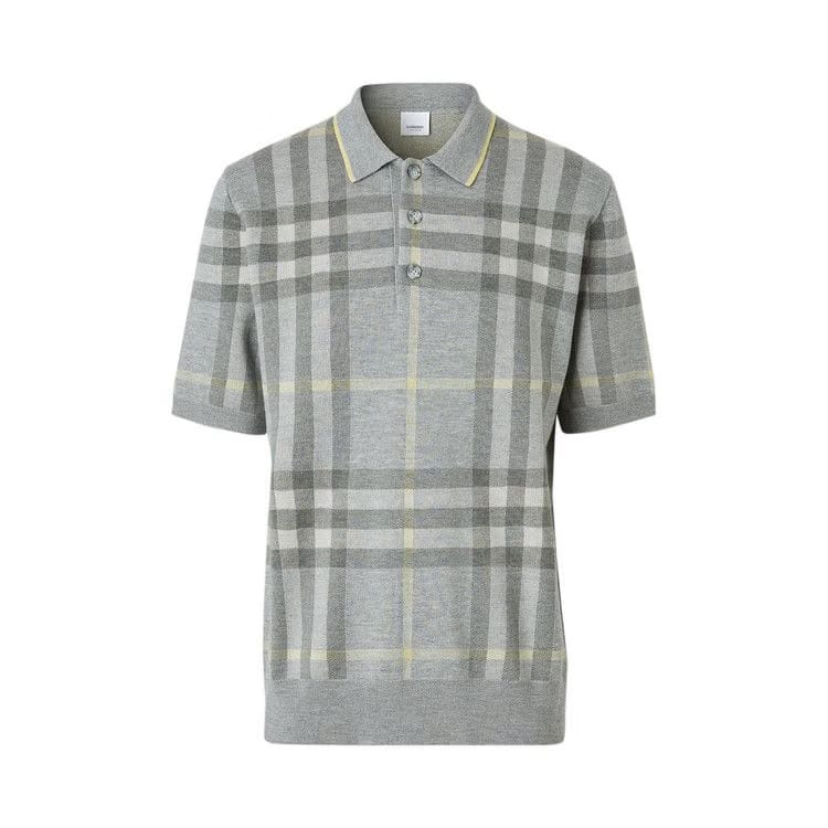 Burberry Check Intarsia Wool Silk Polo Shirt Pale Grey