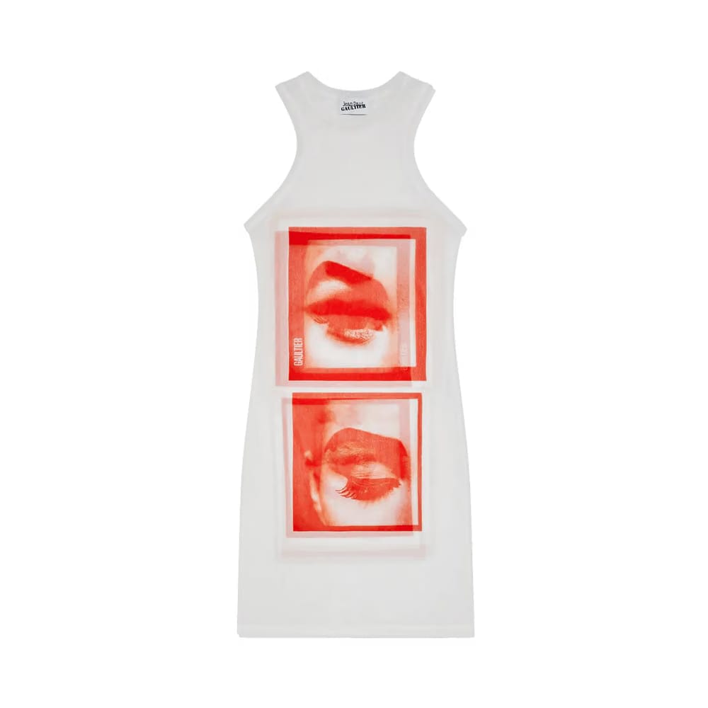 Jean Paul Gaultier Eyes And Lips Mesh Tank Top Shorts Dress White/Red/Light Orange