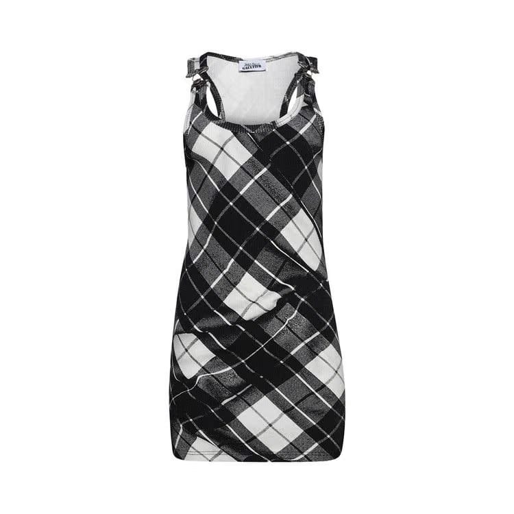 Jean Paul Gaultier Tartan Tank Top Mini Dress Black/Grey/White
