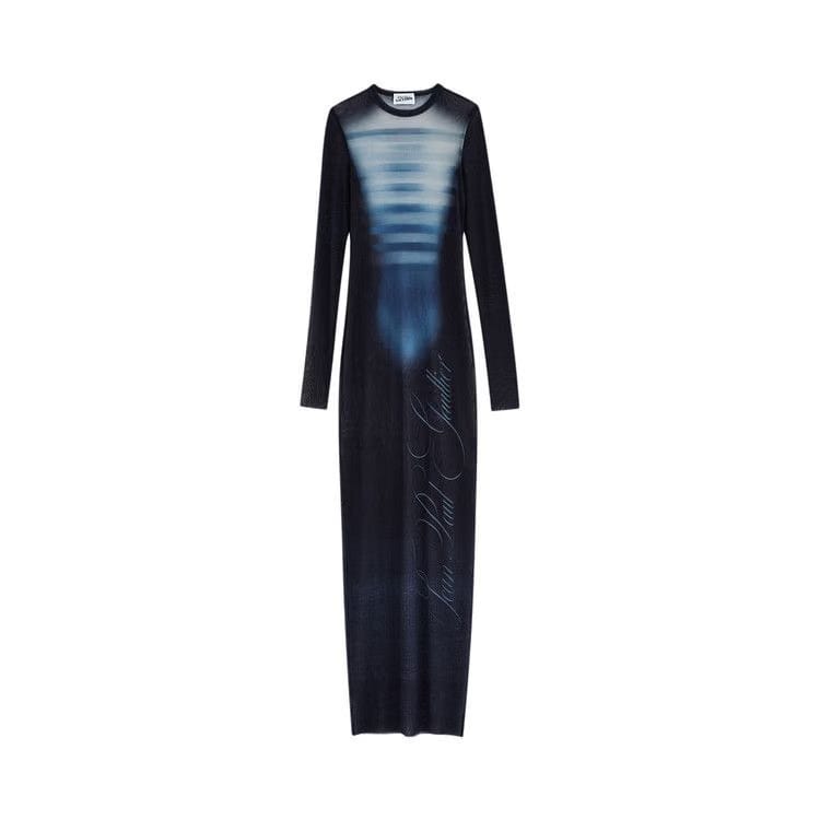 Jean Paul Gaultier Printed Le Mâle Mesh Long Dress Navy/Light Blue/White