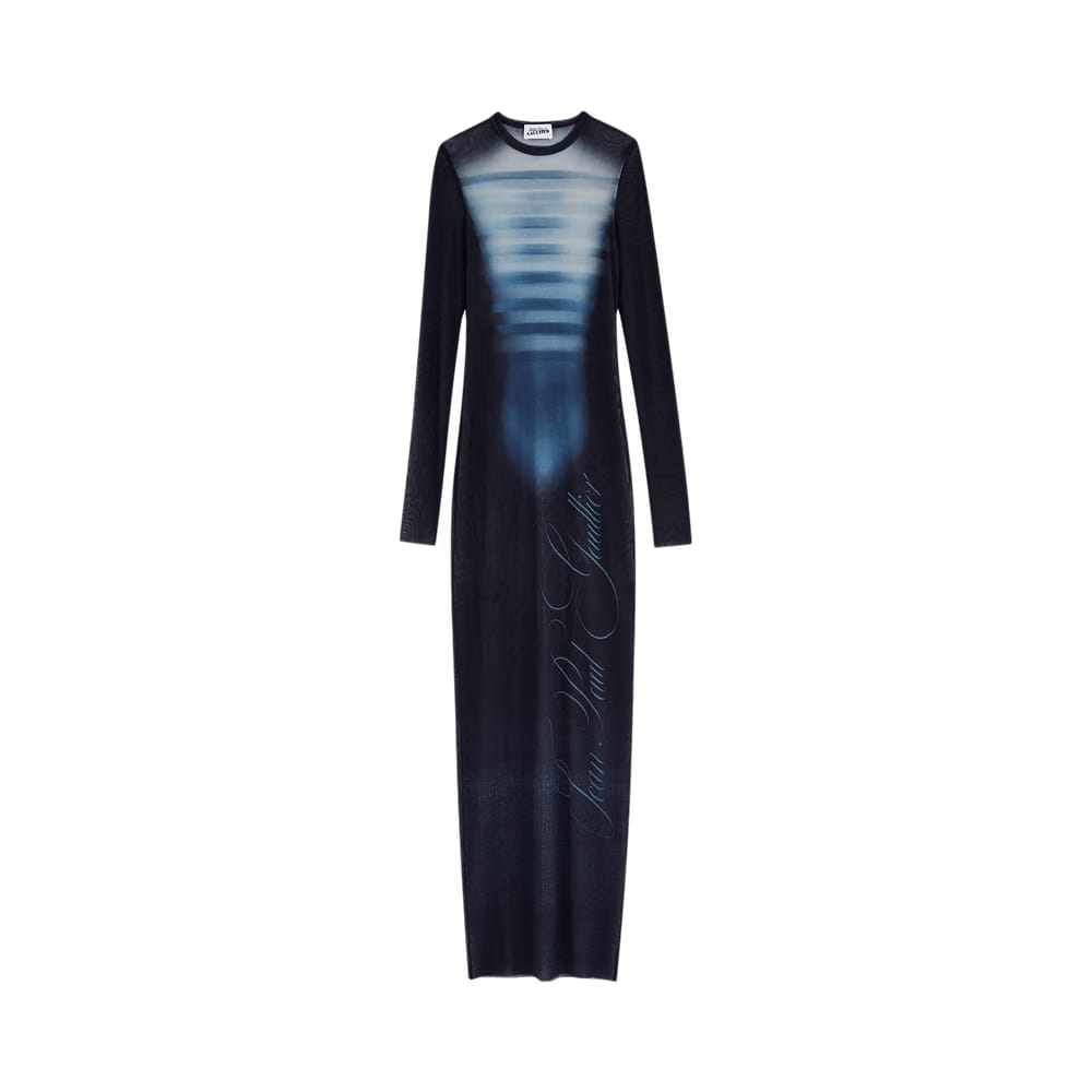 Jean Paul Gaultier Printed Le Mâle Mesh Long Dress Navy/Light Blue/White