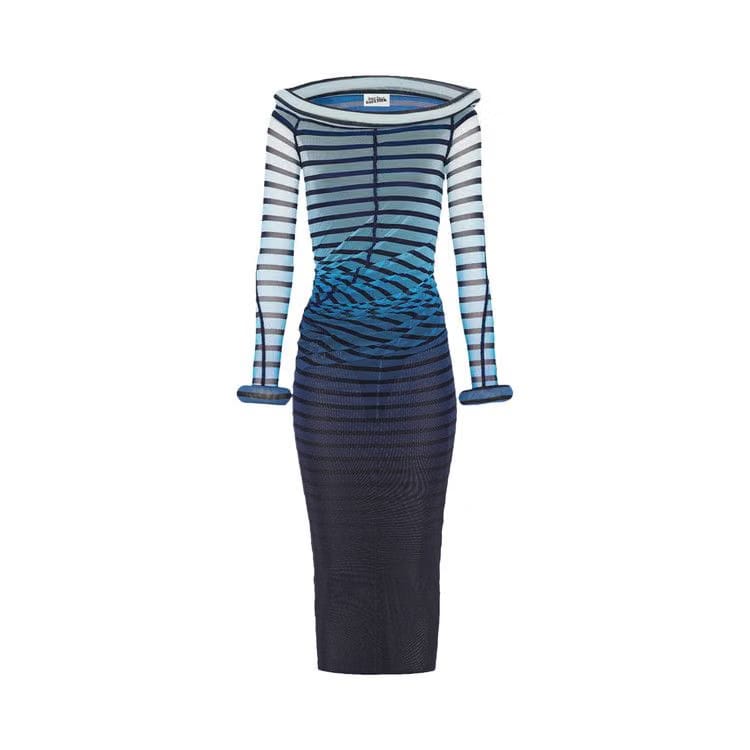 Jean Paul Gaultier Long 3D Striped Dress Black/Navy/Light Blue