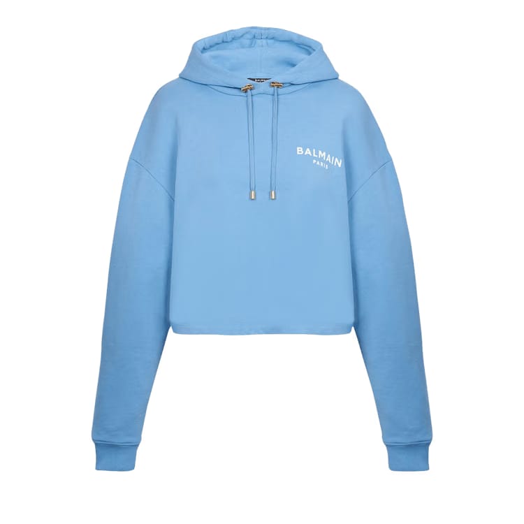 Balmain Flock Detail Cropped Hoodie Pale Blue/Natural
