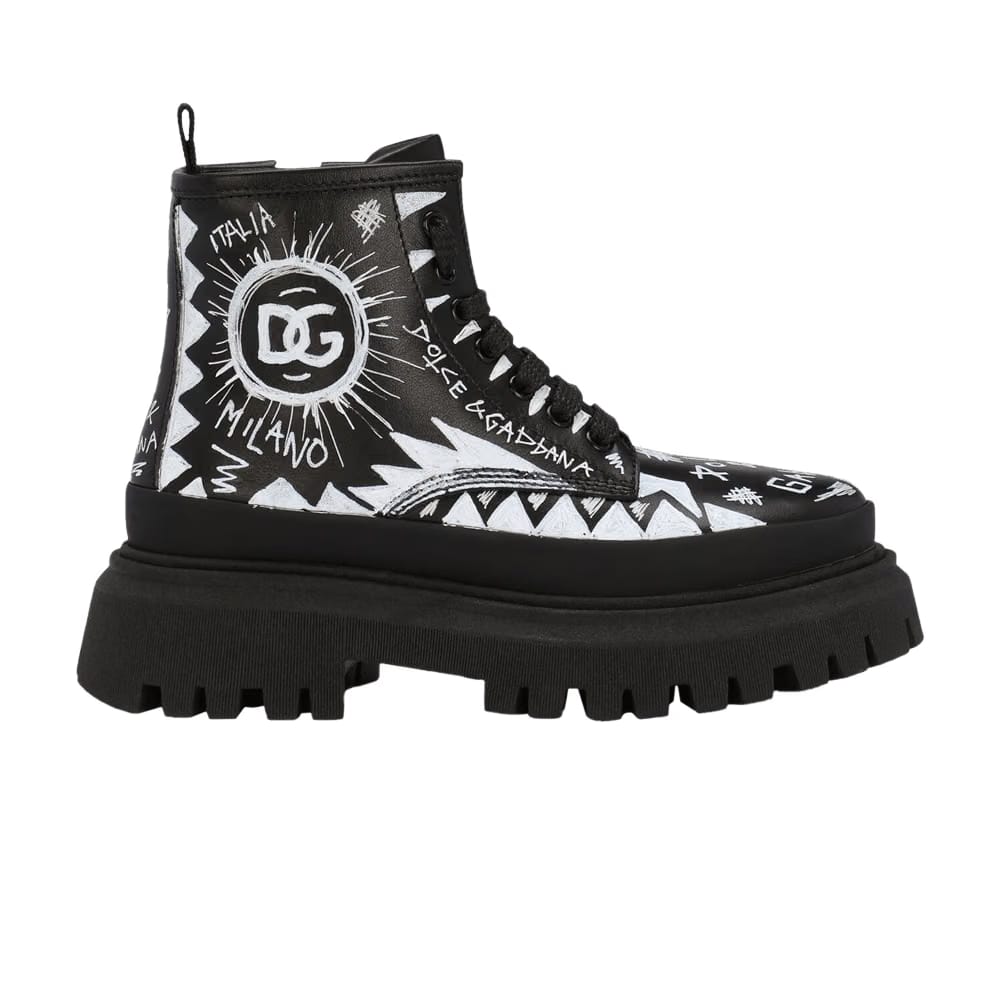 Dolce & Gabbana Combat Boot Kids Black Graffiti
