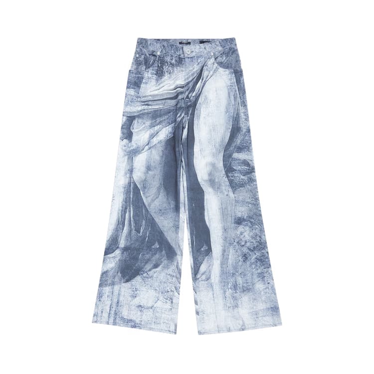 Balmain Statue Printed Loose Denim Pants Blue/Gris